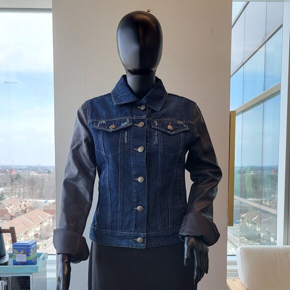 Laundry by Shelli Segal Distressed Denim Leather fusion jacket - Picture 4 of 11